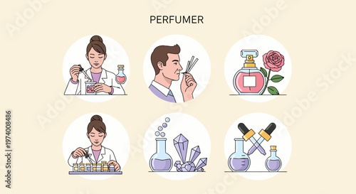 Modern Flat illustration of Perfumer at work creating fragrance.