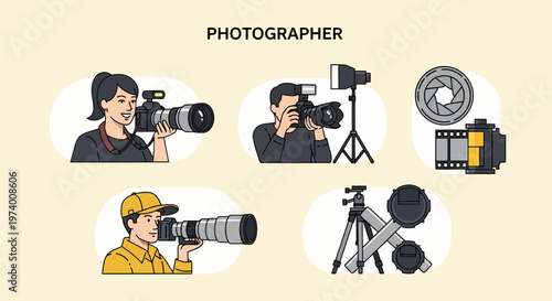 1 set of vector icons depicting Photographer taking pictures with camera