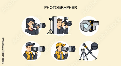 Modern Flat illustration of Photographer taking pictures with camera.
