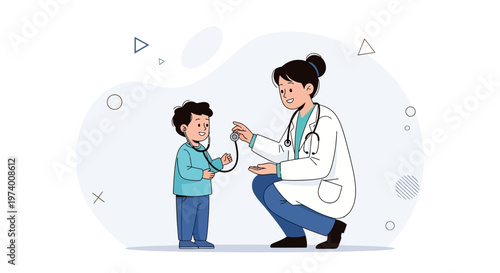 Doctor examining child with stethoscope, pediatric healthcare concept illustration
