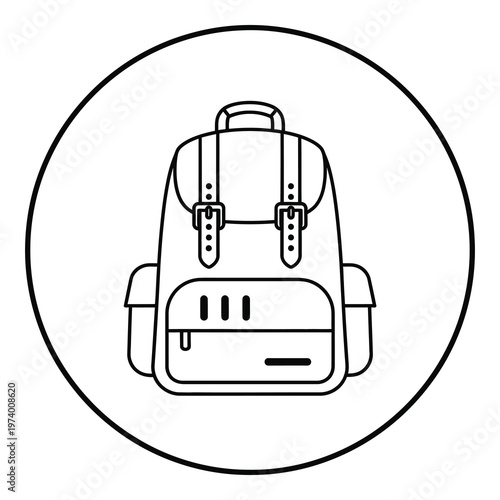 Line drawing of a backpack in a circle isolated on white background icon