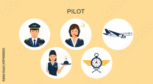 1 set of vector icons depicting Pilot Aviation Professional Male Female Crew.