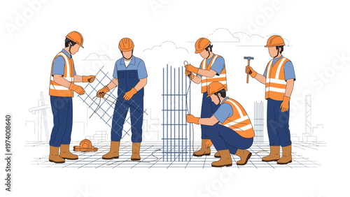 Building the Future: A team of construction workers diligently collaborating on a building site, their efforts shaping the skyline. 