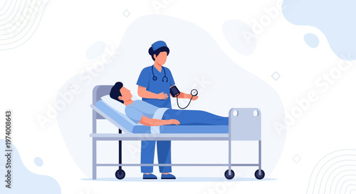Nurse checks patient's blood pressure in hospital bed, medical care illustration