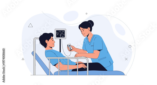 Nurse checks patient's vital signs in hospital bed with monitor