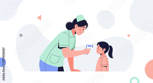 Nurse checks child's temperature with infrared thermometer, healthcare concept illustration