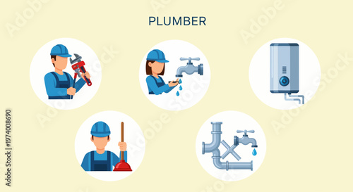 Illustration Set of  Plumber at work fixing pipes.
