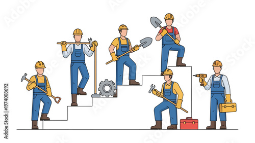 Construction Crew Ascending: A determined construction crew stands on steps, each member showcasing their professional prowess with essential tools and gear, symbolizing growth, skill, and unity.