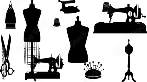 Vintage Tailoring and Dressmaking Equipment Silhouette Collection Featuring Antique Sewing Machines Mannequins Scissors Irons Pincushion and Sewing.