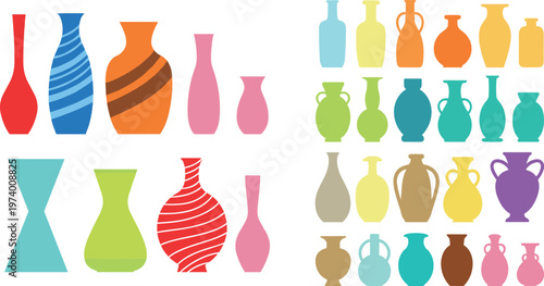 Modern Minimalist Ceramic Vase Collection with Colorful Abstract Shapes and Decorative Pottery Variations in Flat Vector Illustration Set for Design Projects