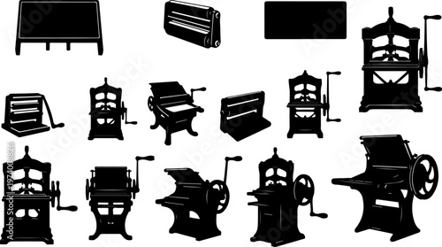 Vintage printing press machine silhouette collection, antique industrial lithography equipment, manual hand crank letterpress.