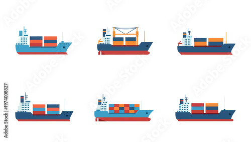 Collection of diverse container ships with cargo. Flat vector illustration for global shipping, logistics, and international trade of freight vessels.