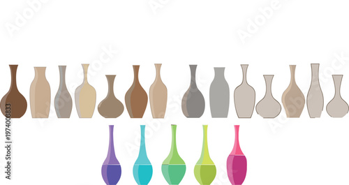 Minimalist Ceramic Vase Collection with Neutral Earth Tones and Bright Color Variations in Modern Abstract Shapes Flat Vector Illustration Set