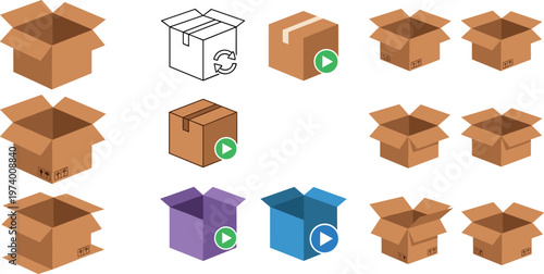 Open Cardboard Box Icon Set with Shipping Packages, Delivery Symbols, and Packaging Illustrations for Logistics, Ecommerce, and Storage Design Collection
