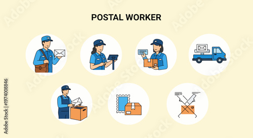 1 set of vector icons depicting Postal worker delivering mail packages.