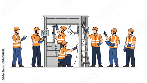 Electrical Team at Work: A team of skilled electricians collaborating on electrical panel, showcasing precision and expertise in a controlled industrial setting.