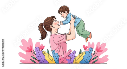 Joyful Motherhood Moment Loving Mom Lifts Happy Child Amidst Vibrant Spring Flowers