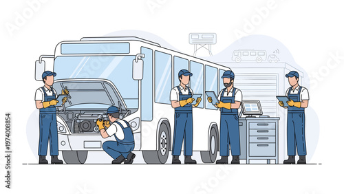 Bus Maintenance Team: A team of skilled technicians meticulously examines a bus, signifying their dedication to dependable transportation