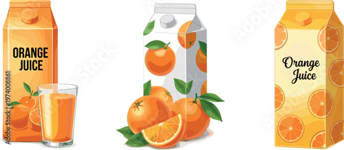 Orange Juice Carton Packaging Collection with Fresh Citrus Fruits and Glass Drink Illustration for Beverage Branding, Healthy Nutrition, and Product Design