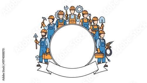 Unity of Craftsmen: A collective of skilled laborers, representing a variety of trades, stand shoulder to shoulder, symbolizing solidarity and expertise.