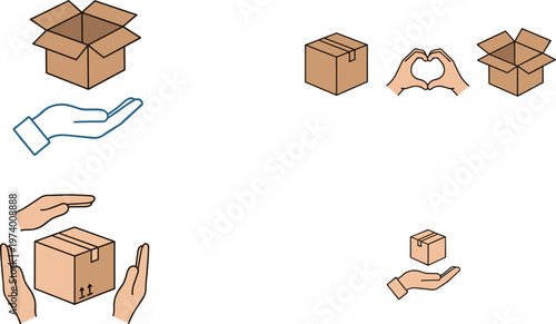 Packaging Care and Delivery Icon Set with Open Boxes Hand Support Heart Gesture and Safe Shipping Symbols for Logistics Service Illustration