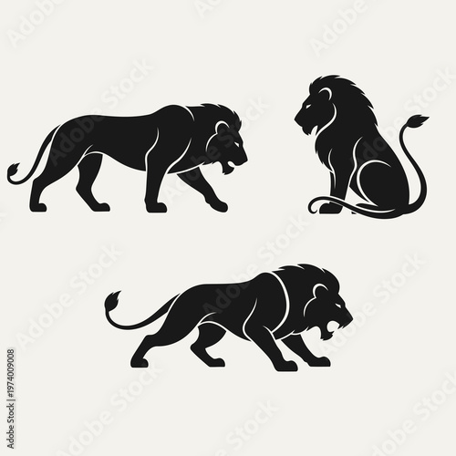 Three silhouettes of lions walking and sitting in savannah landscape