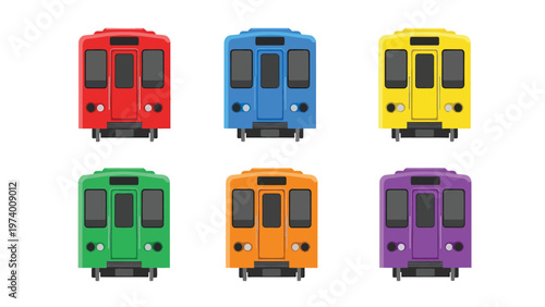 Set of six colorful front view subway train cars. Red, blue, yellow, green, orange, purple metro public transport icons.