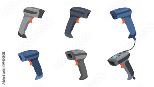 Barcode scanners set. Handheld reader devices for retail, warehouse, and inventory management. Vector illustration.