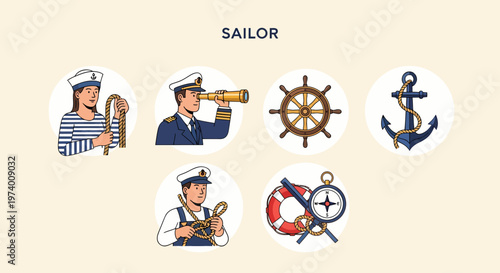 Modern Flat illustration of Sailor in a white hat.