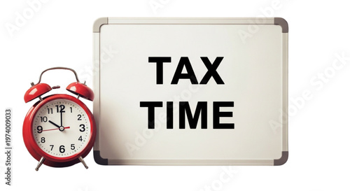 Red Alarm Clock and Whiteboard Showing Tax Time Deadline for Urgent Financial Planning and Accounting
