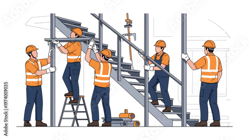 Construction Crew Assembling: A dedicated construction team collaboratively constructs a metal staircase structure, emphasizing teamwork, precision, and the intricate process of building.