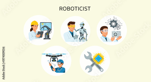 1 set of vector icons depicting Robotics engineer working on robot.