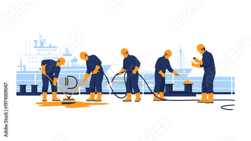 Cleaning Operation at Sea Port:  Five workers in protective gear are engaged in a crucial cleaning operation at a seaport, safeguarding the environment through their diligent efforts.  