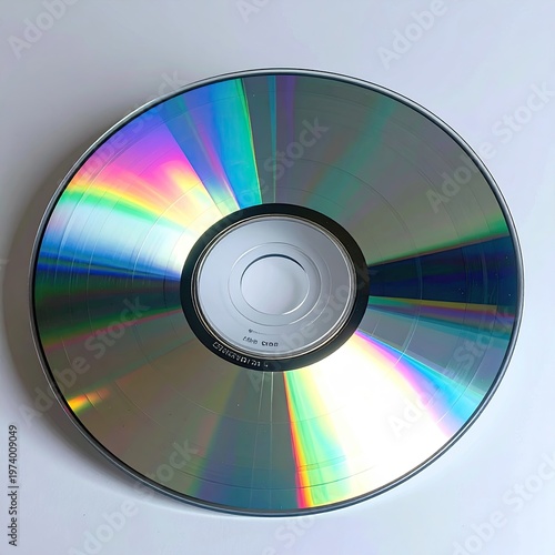 Silver optical disc reflecting rainbow colors with circular shape digital data storage for media isolated studio shot high quality image