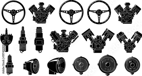 Vector collection of car engine parts icons including steering wheels, piston engines, spark plugs, and headlights for automotive repair, mechanical service, and garage maintenance.