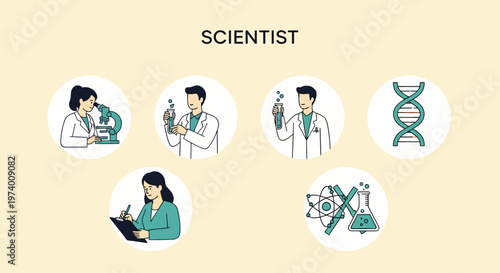 Modern Flat illustration of Scientist in lab coat working.