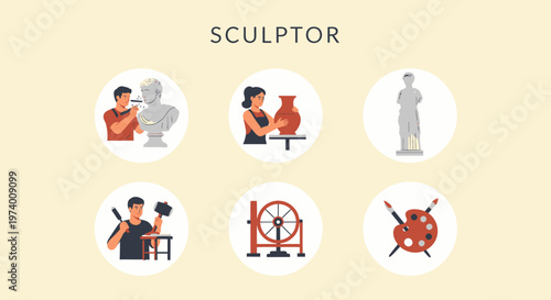 1 set of cartoon pictures depicting Sculptor creating art with clay.