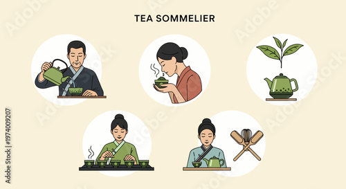 1 set of cartoon pictures depicting Tea Sommelier Pouring Serving Leaves.