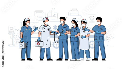 Healthcare Heroes: A dedicated medical team stands united, ready to provide care, highlighting compassion and teamwork in a critical environment.