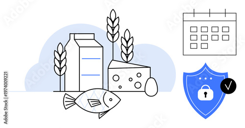 Food security concept. Icons milk, cheese, grains, and fish with a secure shield, indicating food safety. Food security ensures reliable distribution systems. Ideal for agriculture, safety logistics