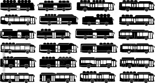 Set of black silhouettes of hydrogen powered buses, eco friendly public transport vehicles with H2 fuel cell tanks for sustainable city mobility, urban commuting solutions.