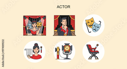 Modern Flat illustration of Theater Actor Holding Comedy Masks.