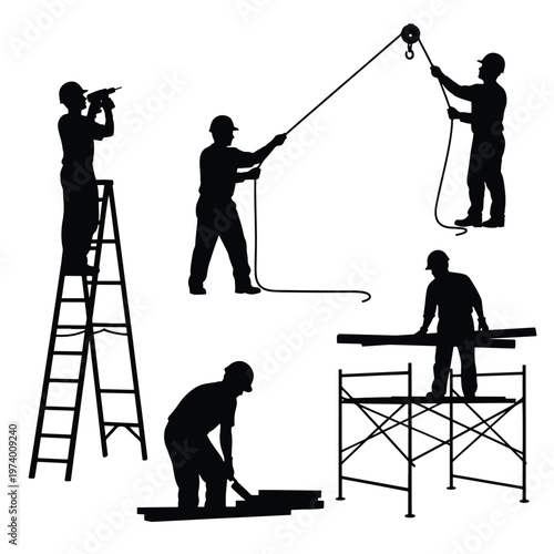 Skilled construction workers performing diverse industrial tasks, vector silhouettes