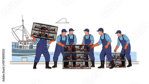 Harvesting the Bounty: A dedicated team of fishermen diligently handles a haul of crabs, working together in a seamless display of teamwork and efficiency at the bustling dockside.