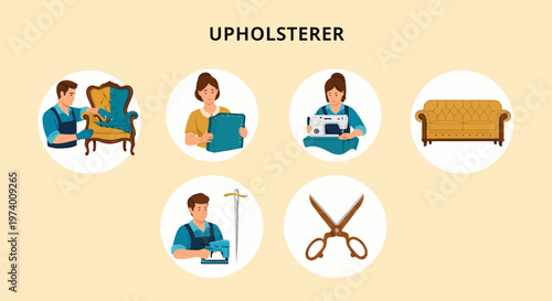 Illustration Set of Upholsterer at work with furniture pieces.