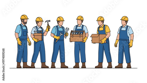 Construction Crew: A team of construction workers is diligently poised, each holding different tools. Representing diverse skills.