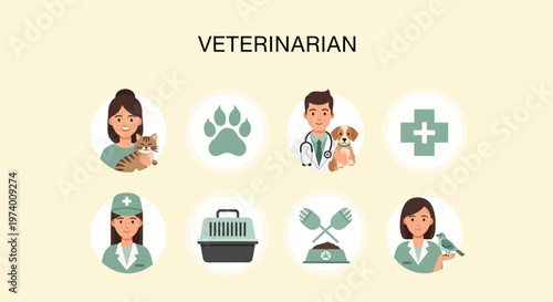 Modern Flat illustration of Veterinarian with pets and medical tools.
