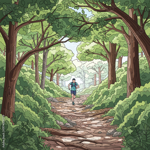 A male trail runner sprinting along a rustic forest path.