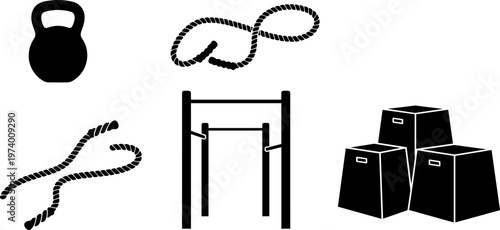 Professional set of fitness gym equipment icons including kettlebell battle ropes pull up bars and plyometric jump boxes isolated on white background vector silhouette