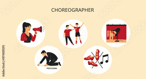 Illustration Set of Woman Directing Dance Performance Choreography.